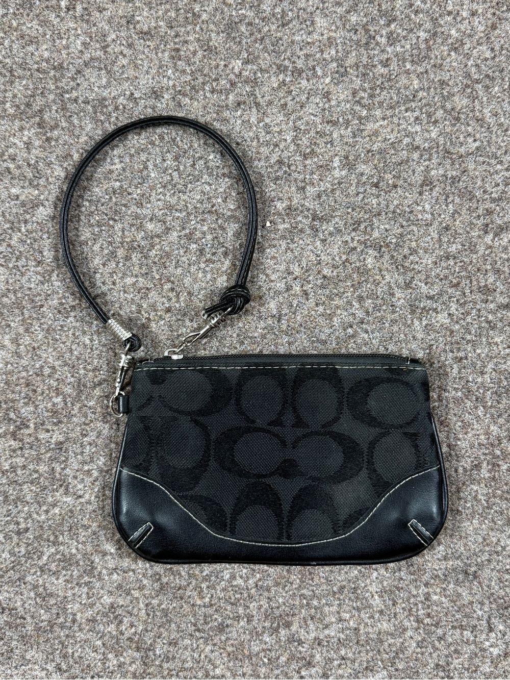 Coach Black Canvas Leather Signature Monogram Wristlet Wallet Pouch‎ Zip Closure